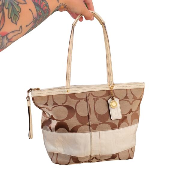 Coach Handbags - Coach Signature Canvas Tote White Leather Detail w/ Hangtag